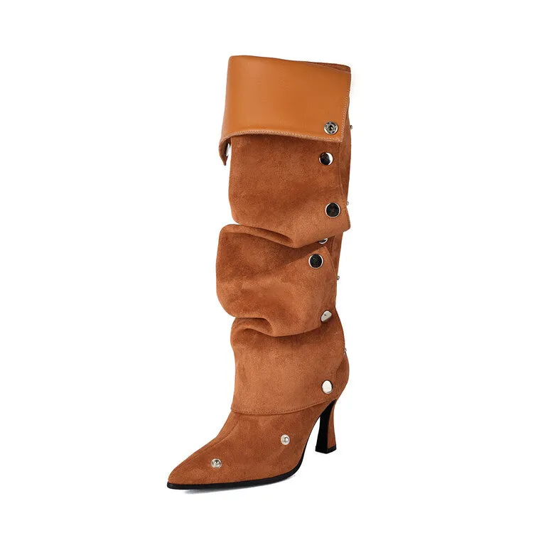Women's Pleated Rivets High Heel Knee High Boots