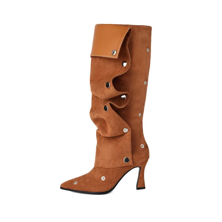 Women's Pleated Rivets High Heel Knee High Boots