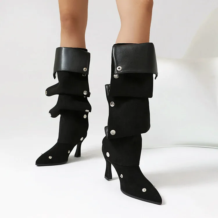 Women's Pleated Rivets High Heel Knee High Boots