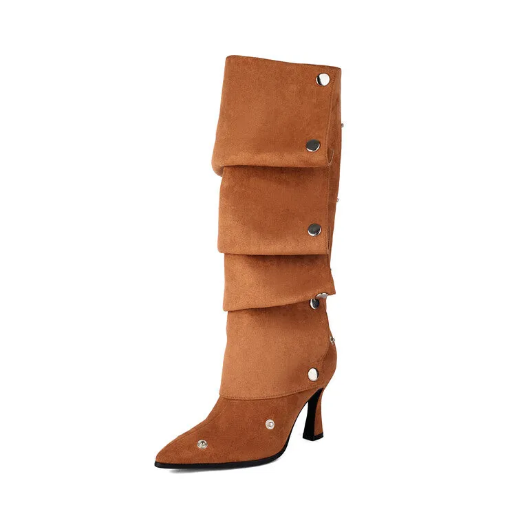 Women's Pleated Rivets High Heel Knee High Boots