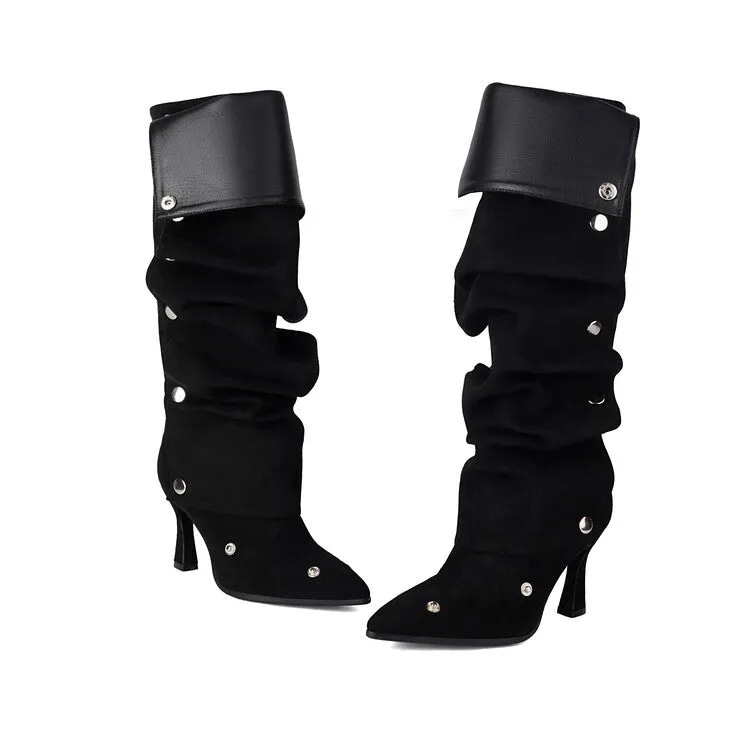 Women's Pleated Rivets High Heel Knee High Boots