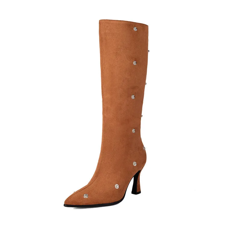 Women's Pleated Rivets High Heel Knee High Boots