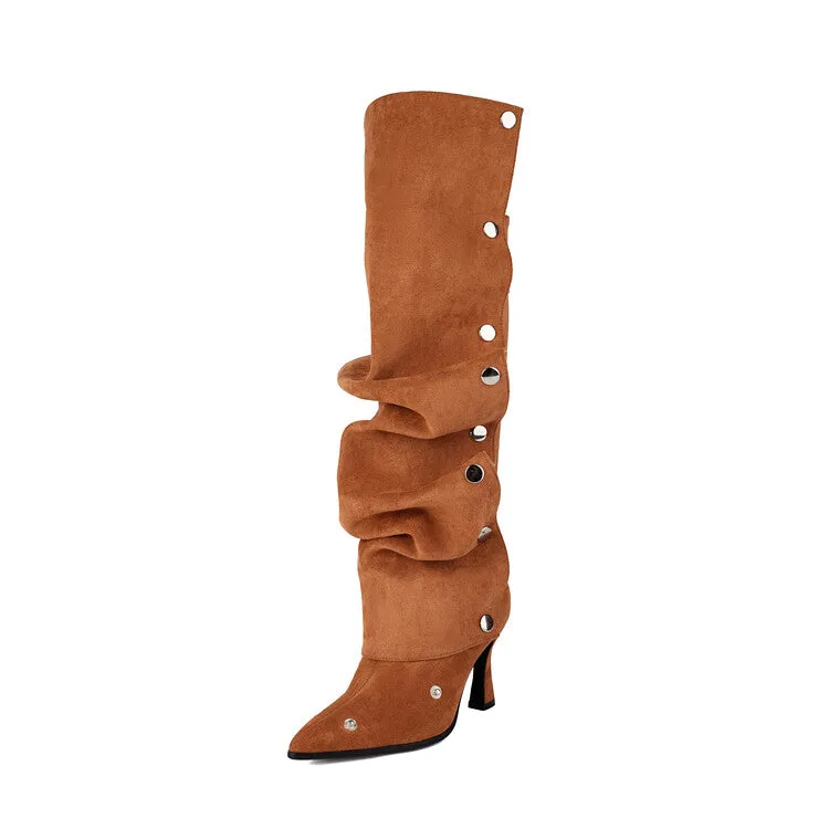 Women's Pleated Rivets High Heel Knee High Boots