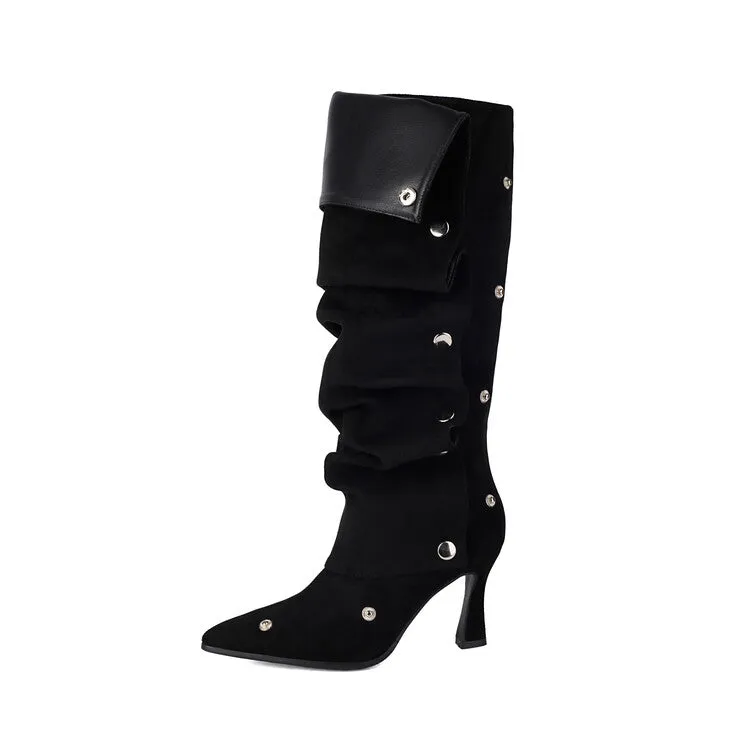 Women's Pleated Rivets High Heel Knee High Boots