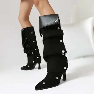 Women's Pleated Rivets High Heel Knee High Boots
