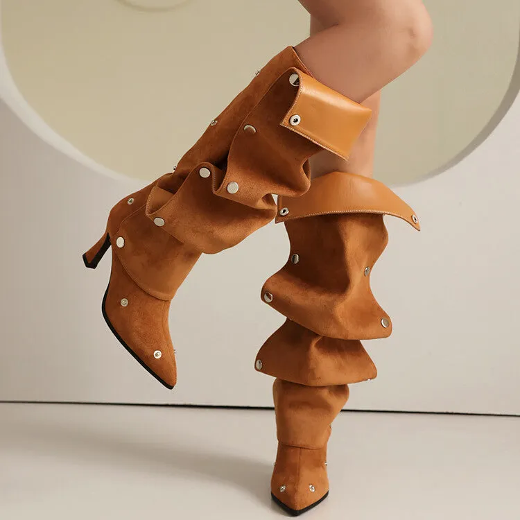 Women's Pleated Rivets High Heel Knee High Boots