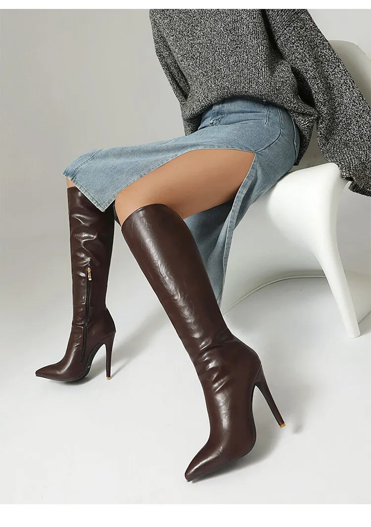 Women's Pleated Thin Heel Knee High Boots