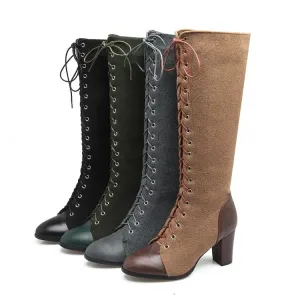 Women's Pu Leather Suede Patchwork Lace Up Block Heel Knee High Boots