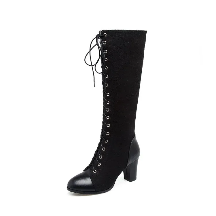 Women's Pu Leather Suede Patchwork Lace Up Block Heel Knee High Boots