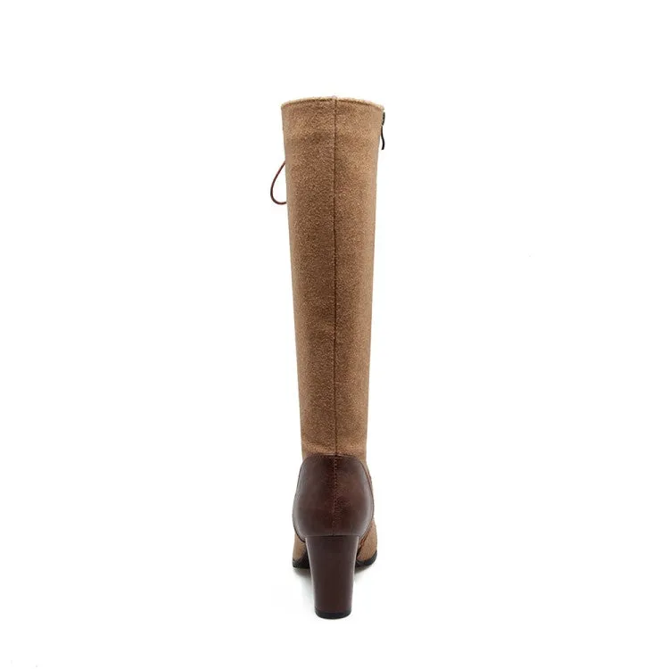 Women's Pu Leather Suede Patchwork Lace Up Block Heel Knee High Boots