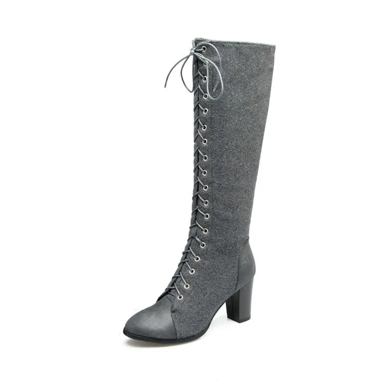 Women's Pu Leather Suede Patchwork Lace Up Block Heel Knee High Boots