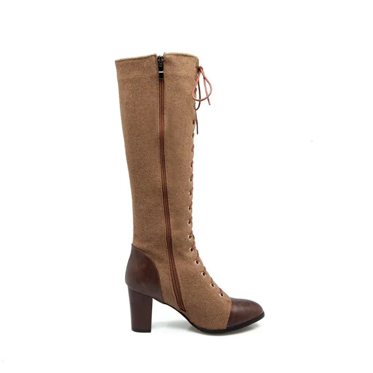 Women's Pu Leather Suede Patchwork Lace Up Block Heel Knee High Boots