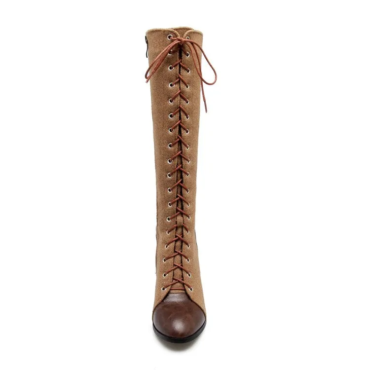 Women's Pu Leather Suede Patchwork Lace Up Block Heel Knee High Boots