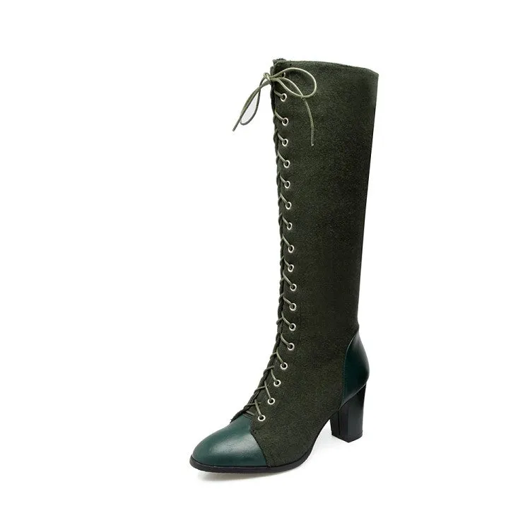 Women's Pu Leather Suede Patchwork Lace Up Block Heel Knee High Boots