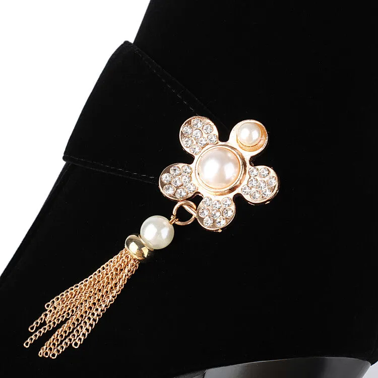 Women's Rhinestone Pearl Hoof Heel Platform Knee High Boots