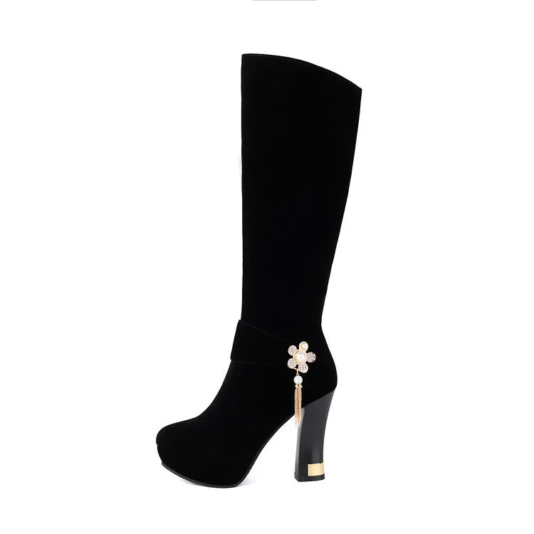 Women's Rhinestone Pearl Hoof Heel Platform Knee High Boots