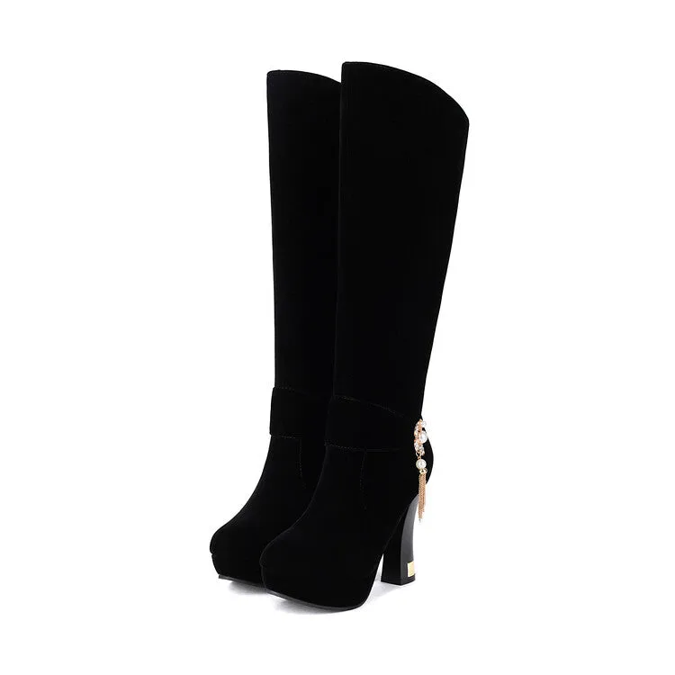 Women's Rhinestone Pearl Hoof Heel Platform Knee High Boots