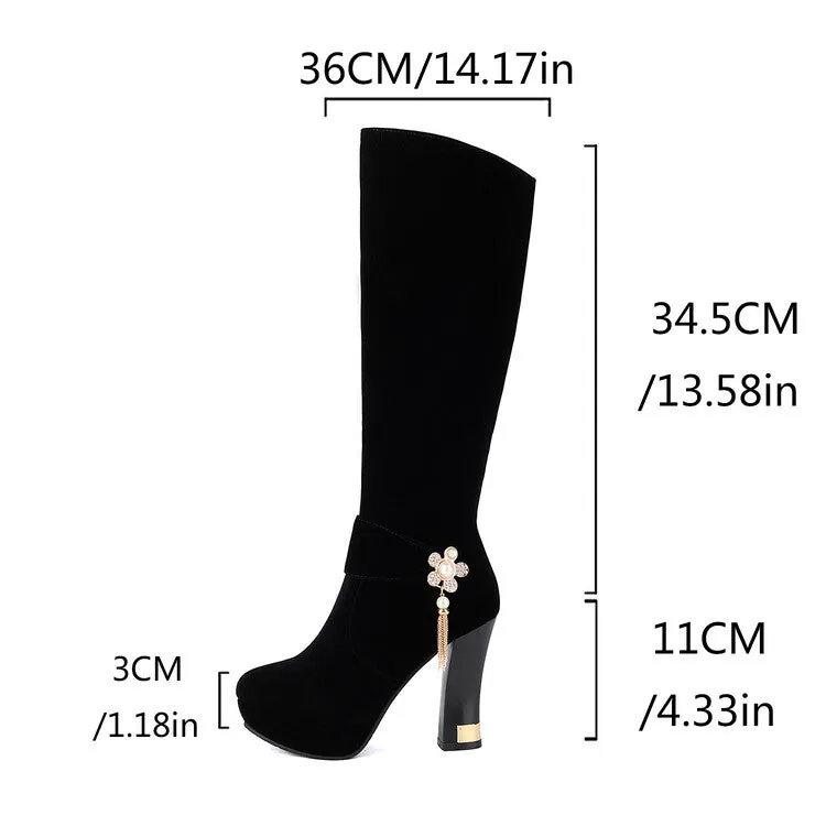 Women's Rhinestone Pearl Hoof Heel Platform Knee High Boots