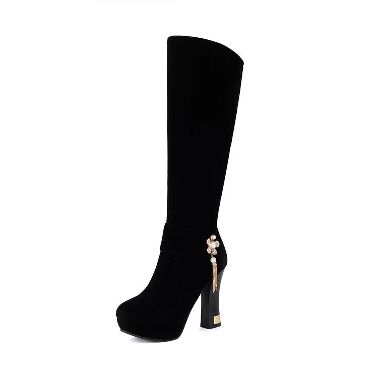 Women's Rhinestone Pearl Hoof Heel Platform Knee High Boots