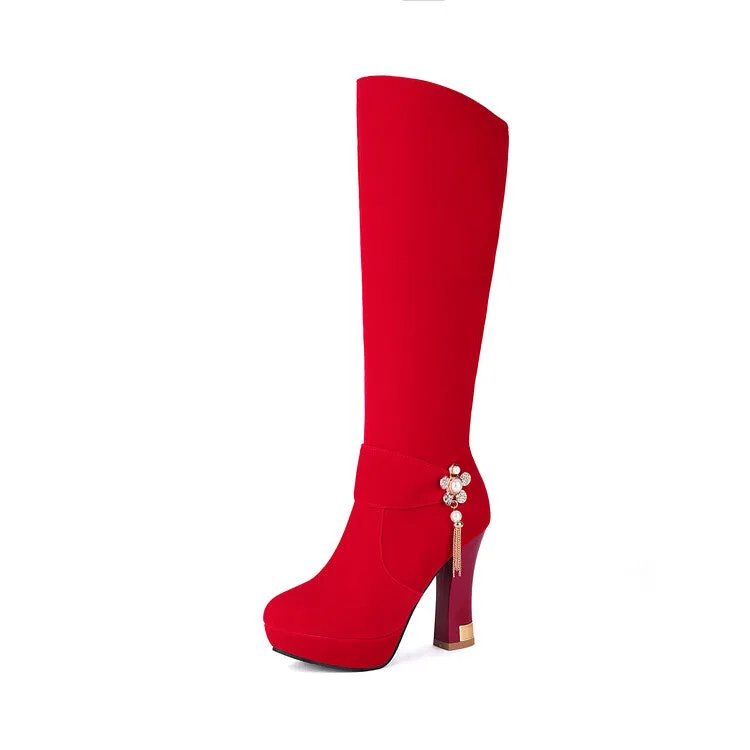 Women's Rhinestone Pearl Hoof Heel Platform Knee High Boots