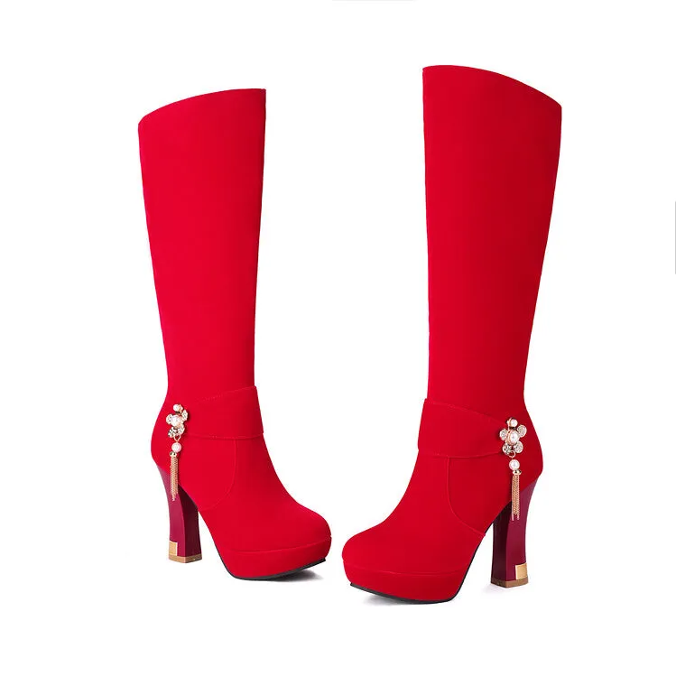 Women's Rhinestone Pearl Hoof Heel Platform Knee High Boots