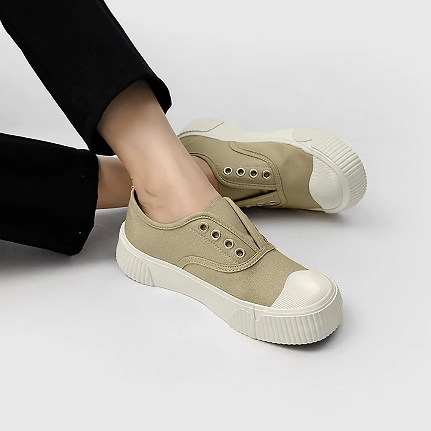 YIBLBOX Women Canvas Sneaker Slip On Non Slip Casual Shoes Lace Up Canvas Low Top White Shoes Loafers for Women Fashion