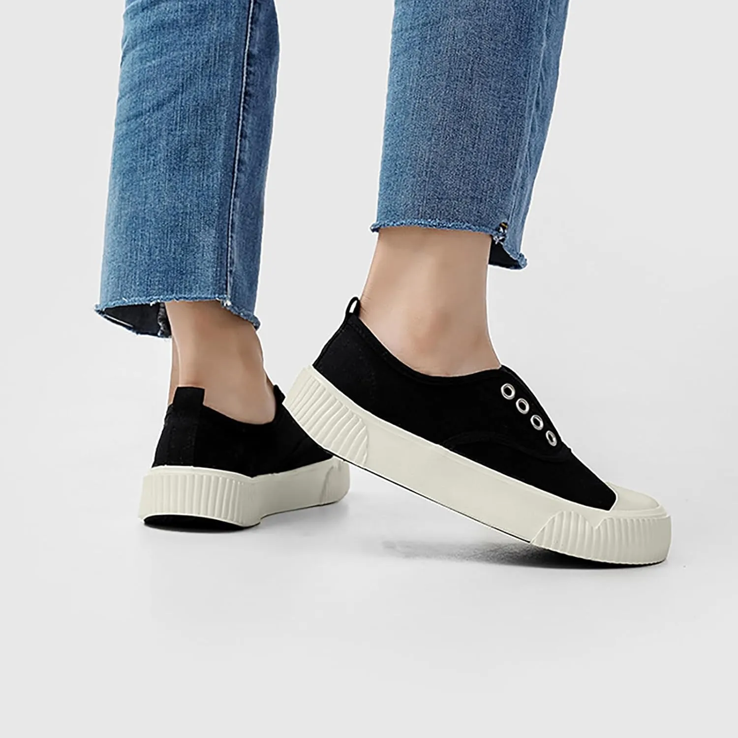 YIBLBOX Women Canvas Sneaker Slip On Non Slip Casual Shoes Lace Up Canvas Low Top White Shoes Loafers for Women Fashion