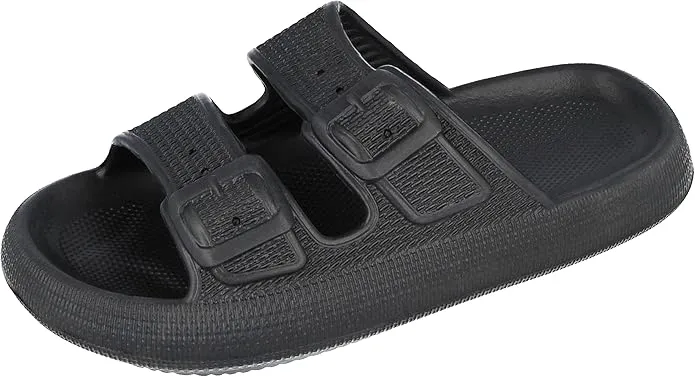 Yinka Shoes Mens Textured Double Buckle Pillow Sliders